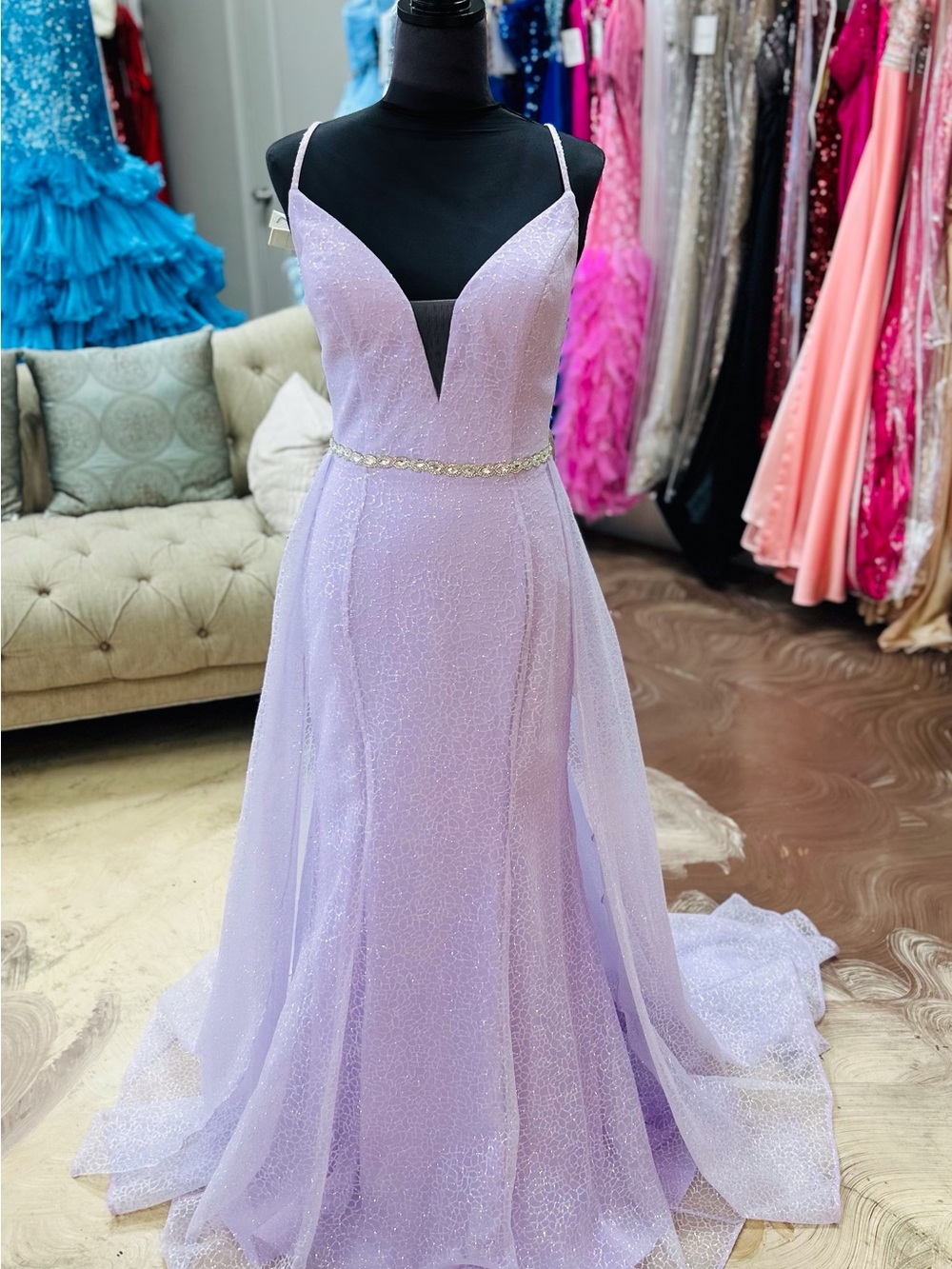 Mon Cheri Lavender Sparkle Prom Gown with Beaded Waist